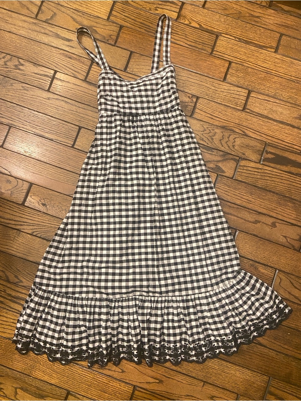 J. Crew Black and White Gingham Ruffle-Hem Spaghetti-Strap Dress Size 10 Tall